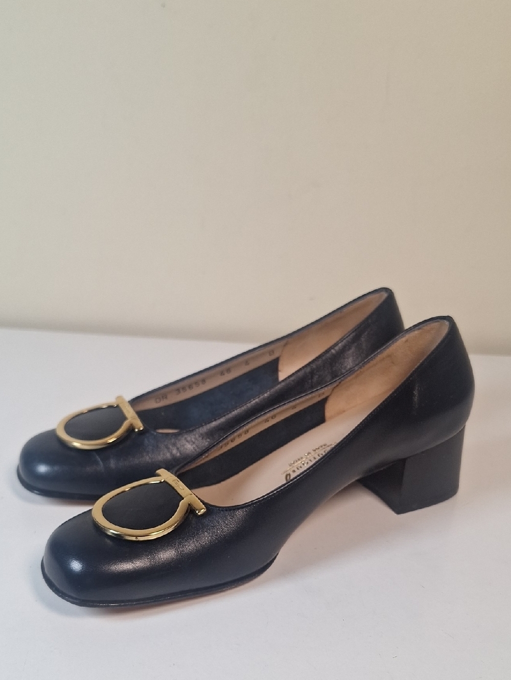 Salvatore Ferrigamo Maxi Gancini Navy/Gold  Block Heel Pumps Size 4